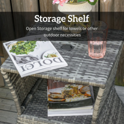 Outsunny Outdoor Patio Rattan Wicker Coffee Table Bistro Side Table w/ Umbrella Hole and Storage Space, Grey - thumbnail 7
