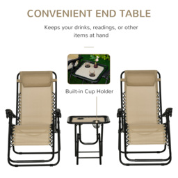 Outsunny 3pcs Folding Zero Gravity Chairs Sun Lounger Table Set w/ Cup Holders Reclining Garden Yard Pool, Beige - thumbnail 5