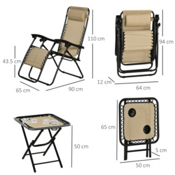 Outsunny 3pcs Folding Zero Gravity Chairs Sun Lounger Table Set w/ Cup Holders Reclining Garden Yard Pool, Beige - thumbnail 3