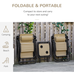 Outsunny 3pcs Folding Zero Gravity Chairs Sun Lounger Table Set w/ Cup Holders Reclining Garden Yard Pool, Beige - thumbnail 6