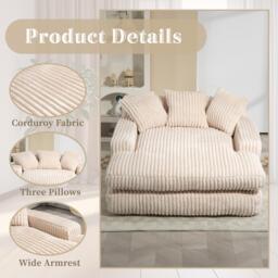 Oversized Chaise Longue Sofa with 3 Throw Cushions and Wide Armrests, Chair with Shredded Memory Foam Seat, 155L x 125W x 63H cm, Beige - Aosom UK - thumbnail 5