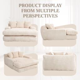 Oversized Chaise Longue Sofa with 3 Throw Cushions and Wide Armrests, Chair with Shredded Memory Foam Seat, 155L x 125W x 63H cm, Beige - Aosom UK - thumbnail 7