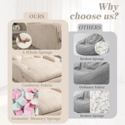 Oversized Chaise Longue Sofa with 3 Throw Cushions and Wide Armrests, Chair with Shredded Memory Foam Seat, 155L x 125W x 63H cm, Beige - Aosom UK - thumbnail 8
