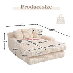 Oversized Chaise Longue Sofa with 3 Throw Cushions and Wide Armrests, Chair with Shredded Memory Foam Seat, 155L x 125W x 63H cm, Beige - Aosom UK - thumbnail 3