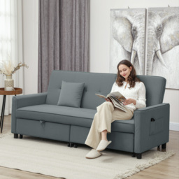 HOMCOM 3 Seater Velvet Sofa Bed, Convertible Click-Clack Couch with Adjustable Backrest, Small Double Sleeper Sofa for Living Room & Guests, Grey - Aosom UK - thumbnail 2