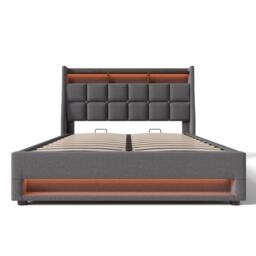 Vintage-Look King Bed with LED Lighting, Stylish Bed Frame with Gas-Lift Under-Bed Storage Space, 200L x 140W x 117H cm, Beige - Aosom UK - thumbnail 2