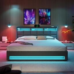 Vintage-Look King Bed with LED Lighting, Stylish Bed Frame with Gas-Lift Under-Bed Storage Space, 200L x 140W x 117H cm, Beige - Aosom UK - thumbnail 8