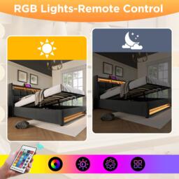 Vintage-Look King Bed with LED Lighting, Stylish Bed Frame with Gas-Lift Under-Bed Storage Space, 200L x 140W x 117H cm, Beige - Aosom UK - thumbnail 5