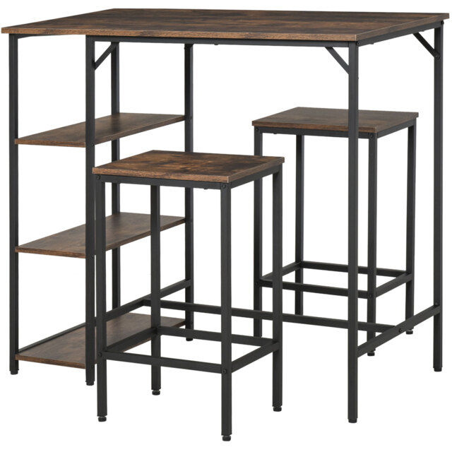 HOMCOM Bar Table and Stools w/ 2 Stools & Side Shelf, Dining Table Set w/ Industrial Bar Height, Coffee Table for Kitchen, Dinette - Aosom UK - image 1