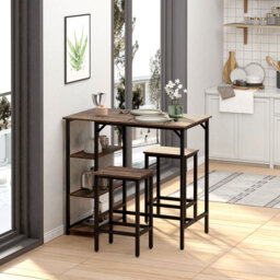 HOMCOM Bar Table and Stools w/ 2 Stools & Side Shelf, Dining Table Set w/ Industrial Bar Height, Coffee Table for Kitchen, Dinette - Aosom UK - thumbnail 2