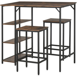 HOMCOM Bar Table and Stools w/ 2 Stools & Side Shelf, Dining Table Set w/ Industrial Bar Height, Coffee Table for Kitchen, Dinette - Aosom UK - thumbnail 1
