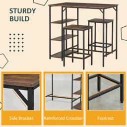 HOMCOM Bar Table and Stools w/ 2 Stools & Side Shelf, Dining Table Set w/ Industrial Bar Height, Coffee Table for Kitchen, Dinette - Aosom UK - thumbnail 5