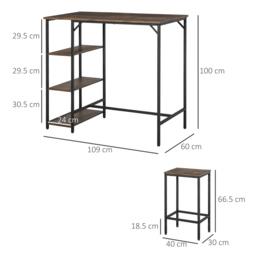 HOMCOM Bar Table and Stools w/ 2 Stools & Side Shelf, Dining Table Set w/ Industrial Bar Height, Coffee Table for Kitchen, Dinette - Aosom UK - thumbnail 3