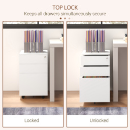 Vinsetto 3 Drawer Small Filing Cabinet w/ Lock & Pencil Tray, Steel Mobile File Cabinet w/ Adjustable Hanging Bar for Office Storage, White - Aosom UK - thumbnail 6