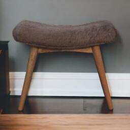 Solid Mango Wood Upholstered Curved Bench with Nordic Legs, Boucle-Style Faux Fur Seat for Living Room, 40L x 63W x 52H cm, Brown - Aosom UK