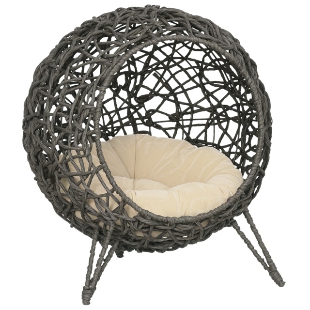 Pawhut Woven Rattan Elevated Cat Bed House Kitten Pussy Basket Ball Shaped Pet Furniture w/ Removable Cushion Natural 52 x 52 x 58 cm, Silver Grey - image 1