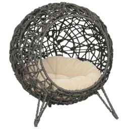 Pawhut Woven Rattan Elevated Cat Bed House Kitten Pussy Basket Ball Shaped Pet Furniture w/ Removable Cushion Natural 52 x 52 x 58 cm, Silver Grey - thumbnail 1