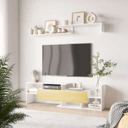 "HOMCOM TV Cabinet with Wall Shelf for Wall-Mounted 65"" TVs or Standing 40"" TVs - White and Natural" - thumbnail 2