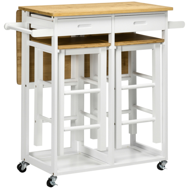 HOMCOM Kitchen Island Set with 2 Stools, Bamboo Breakfast Cart with Drop Leaf Top, Drawers & Towel Rack, Kitchen Cart and Chairs, White - Aosom UK - image 1