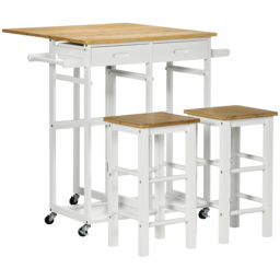 HOMCOM Kitchen Island Set with 2 Stools, Bamboo Breakfast Cart with Drop Leaf Top, Drawers & Towel Rack, Kitchen Cart and Chairs, White - Aosom UK