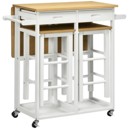 HOMCOM Kitchen Island Set with 2 Stools, Bamboo Breakfast Cart with Drop Leaf Top, Drawers & Towel Rack, Kitchen Cart and Chairs, White - Aosom UK - thumbnail 1