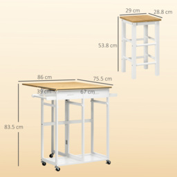 HOMCOM Kitchen Island Set with 2 Stools, Bamboo Breakfast Cart with Drop Leaf Top, Drawers & Towel Rack, Kitchen Cart and Chairs, White - Aosom UK - thumbnail 3