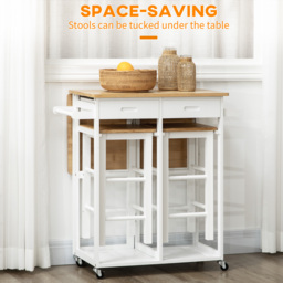 HOMCOM Kitchen Island Set with 2 Stools, Bamboo Breakfast Cart with Drop Leaf Top, Drawers & Towel Rack, Kitchen Cart and Chairs, White - Aosom UK - thumbnail 7