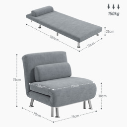 HOMCOM Single Sofa Bed, 1 Person Sleeper Foldable Lounge with Pillow, Grey - Aosom UK - thumbnail 3
