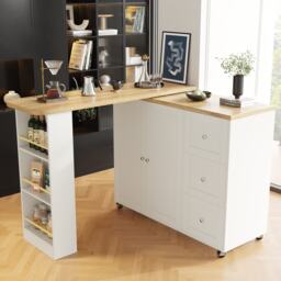 Dining Table with Castors, 3 Drawers, Snack Rack, Multifunctional Storage Island for Kitchen, Living Room, 209L x 39W x 104H cm, White - Aosom UK - thumbnail 8