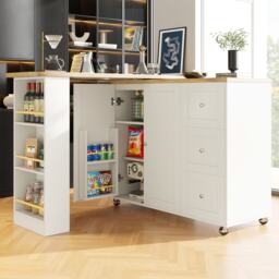 Dining Table with Castors, 3 Drawers, Snack Rack, Multifunctional Storage Island for Kitchen, Living Room, 209L x 39W x 104H cm, White - Aosom UK