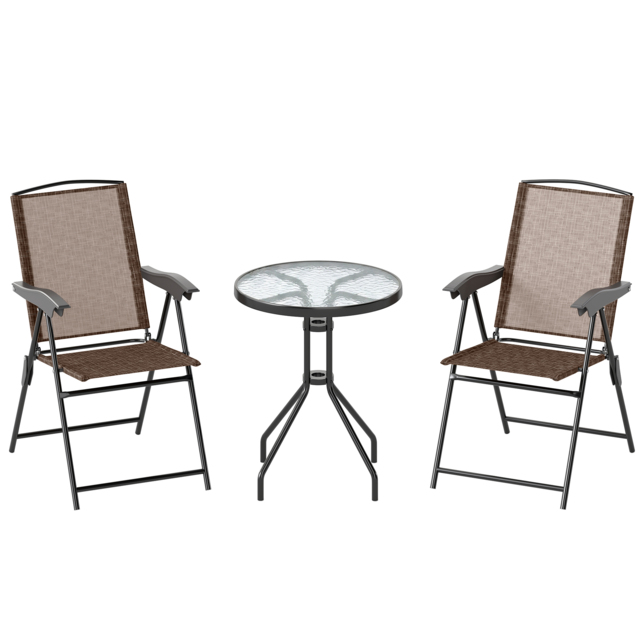 Outsunny 3 Piece Patio Furniture Garden Bistro Set Outdoor 2 Folding Chairs 1 Tempered Glass Table Adjustable Backrest Metal - Brown - Aosom UK - image 1