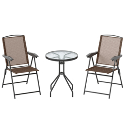 Outsunny 3 Piece Patio Furniture Garden Bistro Set Outdoor 2 Folding Chairs 1 Tempered Glass Table Adjustable Backrest Metal - Brown - Aosom UK - thumbnail 1