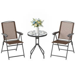 Outsunny 3 Piece Patio Furniture Garden Bistro Set Outdoor 2 Folding Chairs 1 Tempered Glass Table Adjustable Backrest Metal - Brown - Aosom UK - thumbnail 9