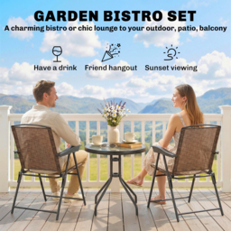 Outsunny 3 Piece Patio Furniture Garden Bistro Set Outdoor 2 Folding Chairs 1 Tempered Glass Table Adjustable Backrest Metal - Brown - Aosom UK - thumbnail 4