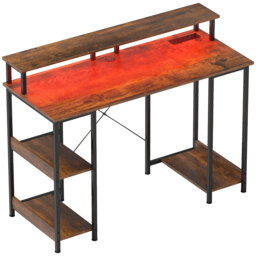 HOMCOM Computer Desk with Power Outlets and LED Lights, 120 x 50cm Reversible Home Office Desk with Monitor Stand and 2-Tier Shelves, Rustic Brown - thumbnail 1