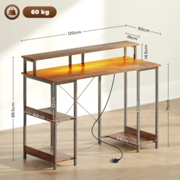 HOMCOM Computer Desk with Power Outlets and LED Lights, 120 x 50cm Reversible Home Office Desk with Monitor Stand and 2-Tier Shelves, Rustic Brown - thumbnail 3