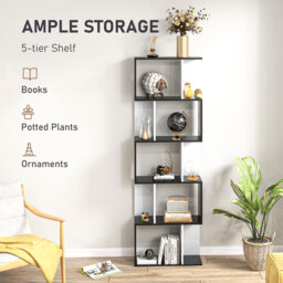 HOMCOM 5-Tier S-Shaped Black Bookcase, Stylish Storage & Display Shelving, Room Divider - Aosom UK - thumbnail 4