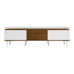 3 Doors TV Cabinet with Raised Edge and Wooden Legs, Media Cabinet Ideal for Modern Homes with Children, 160L x 39W x 49.5H cm, White - Aosom UK - thumbnail 2