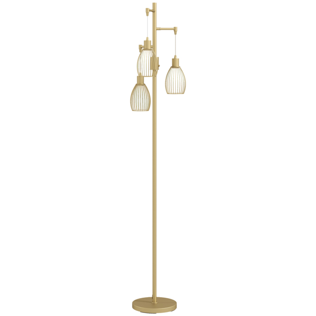 HOMCOM 170cm Industrial 3-Light Floor Lamp, Dimmable Standing Lamp with Steel Lampshades for Living Room, Bedroom, Dinging Room, Study, Gold Tone - image 1