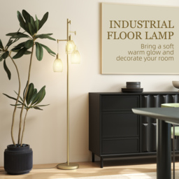 HOMCOM 170cm Industrial 3-Light Floor Lamp, Dimmable Standing Lamp with Steel Lampshades for Living Room, Bedroom, Dinging Room, Study, Gold Tone - thumbnail 5