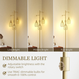 HOMCOM 170cm Industrial 3-Light Floor Lamp, Dimmable Standing Lamp with Steel Lampshades for Living Room, Bedroom, Dinging Room, Study, Gold Tone - thumbnail 4