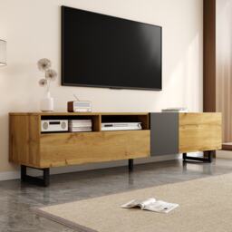 Retro TV Cabinet with Three Doors and 2 Compartments, U-Shaped Legs, TV Stand for Living Rooms, 170L x 36.5W x 42H cm, Dark Gray+Natural - Aosom UK - thumbnail 1