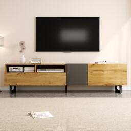 Retro TV Cabinet with Three Doors and 2 Compartments, U-Shaped Legs, TV Stand for Living Rooms, 170L x 36.5W x 42H cm, Dark Gray+Natural - Aosom UK - thumbnail 4