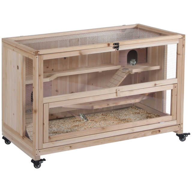 PawHut Wooden Hamster Cage, Mice Rodent Small Animals Kit Hutch, 3 Tiers Exercise Play House, with Wheels, Bottom Tray, 99 x 50 x 69 cm, Natural Wood - image 1