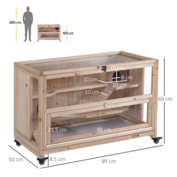 PawHut Wooden Hamster Cage, Mice Rodent Small Animals Kit Hutch, 3 Tiers Exercise Play House, with Wheels, Bottom Tray, 99 x 50 x 69 cm, Natural Wood - thumbnail 3