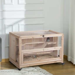 PawHut Wooden Hamster Cage, Mice Rodent Small Animals Kit Hutch, 3 Tiers Exercise Play House, with Wheels, Bottom Tray, 99 x 50 x 69 cm, Natural Wood - thumbnail 2
