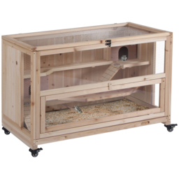 PawHut Wooden Hamster Cage, Mice Rodent Small Animals Kit Hutch, 3 Tiers Exercise Play House, with Wheels, Bottom Tray, 99 x 50 x 69 cm, Natural Wood - thumbnail 1