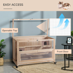 PawHut Wooden Hamster Cage, Mice Rodent Small Animals Kit Hutch, 3 Tiers Exercise Play House, with Wheels, Bottom Tray, 99 x 50 x 69 cm, Natural Wood - thumbnail 6