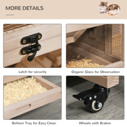 PawHut Wooden Hamster Cage, Mice Rodent Small Animals Kit Hutch, 3 Tiers Exercise Play House, with Wheels, Bottom Tray, 99 x 50 x 69 cm, Natural Wood - thumbnail 5