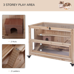 PawHut Wooden Hamster Cage, Mice Rodent Small Animals Kit Hutch, 3 Tiers Exercise Play House, with Wheels, Bottom Tray, 99 x 50 x 69 cm, Natural Wood - thumbnail 4